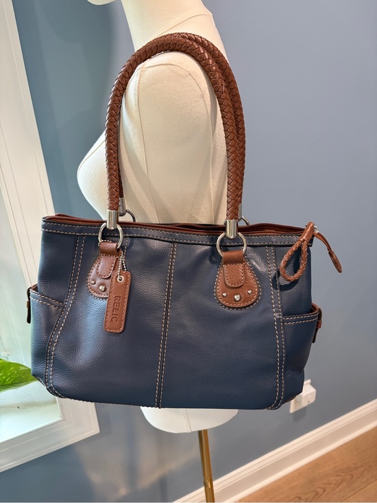Relic Handbags - Relic by Fossil Blue Faux Leather Tote Shoulder Bag Braided Handles